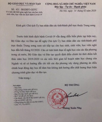 Tiếp tục cho phép kéo dài thời gian tạm nghỉ học của học sinh đến hết ngày 29/02/2020
