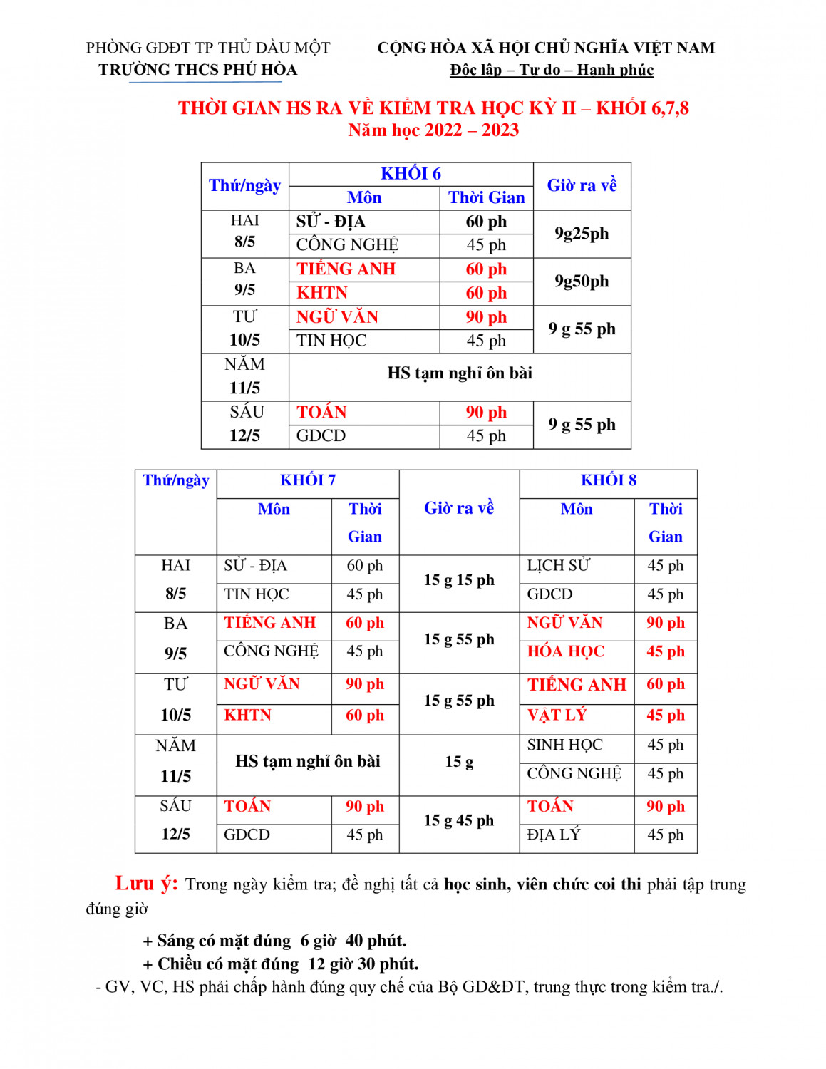 THỜI GIAN HS RA VỀ KIỂM TRA HKII KHỐI 6 7 8