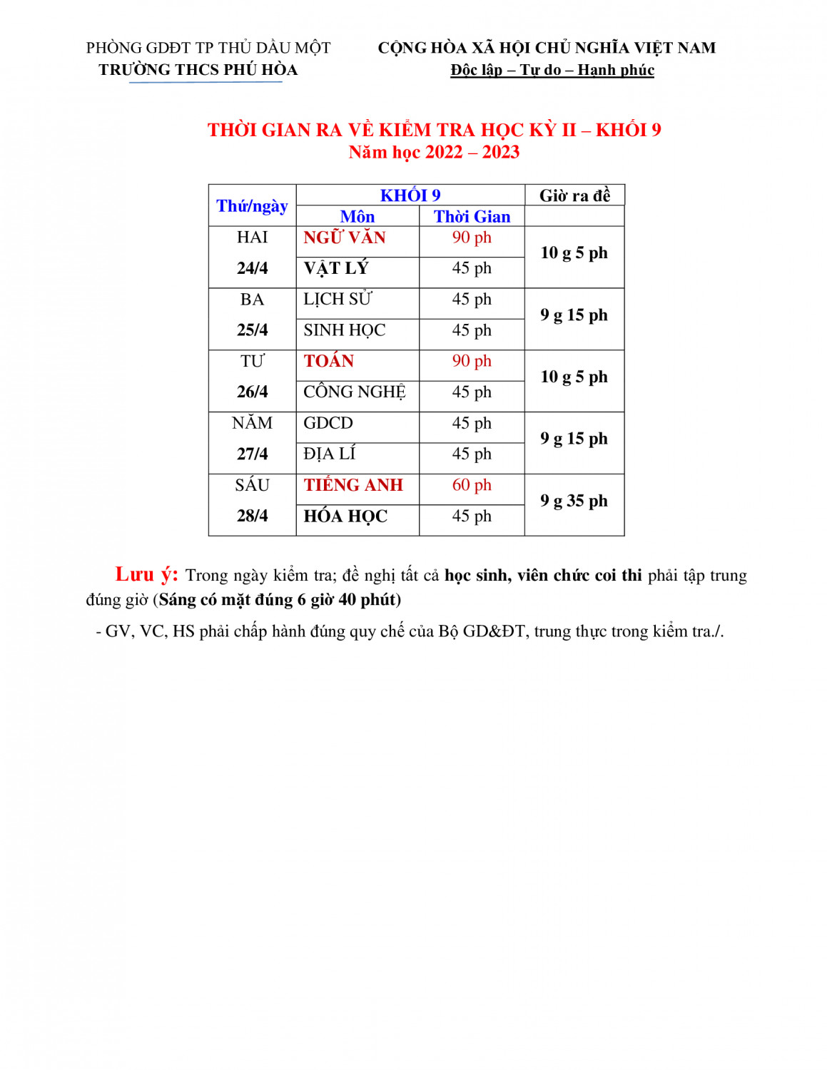 THỜI GIAN HS RA VỀ KIỂM TRA HKII KHỐI 9