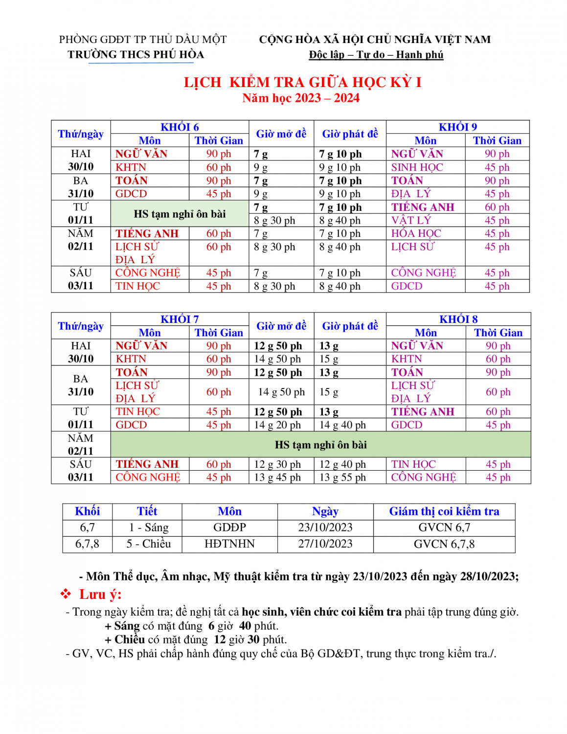 LỊCH KIỂM TRA GIỮA HKI NH 2023 2024