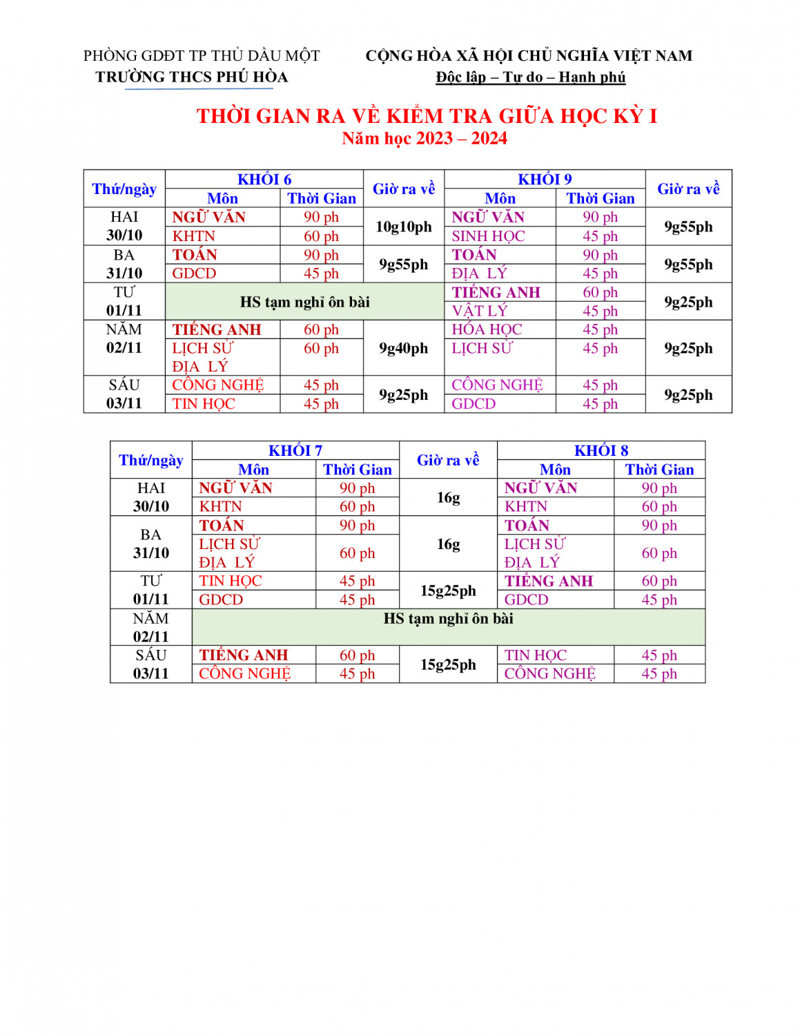 THỜI GIAN RA VỀ KIỂM TRA GIỮA HKI NH 2023 2024
