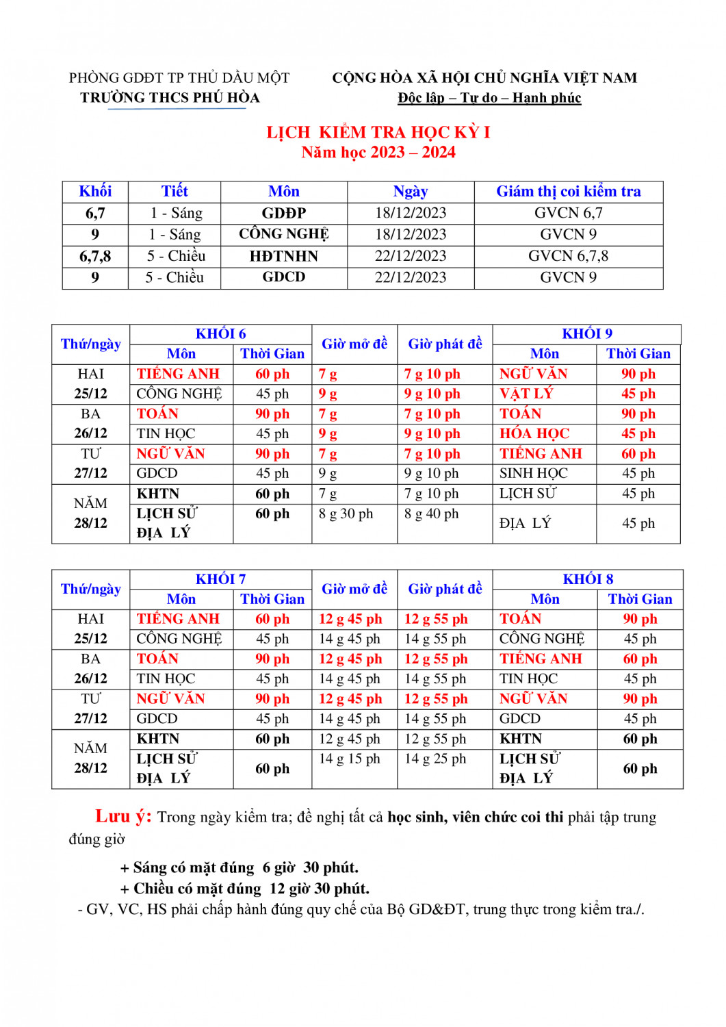 LỊCH KIỂM TRA HKI 23 24