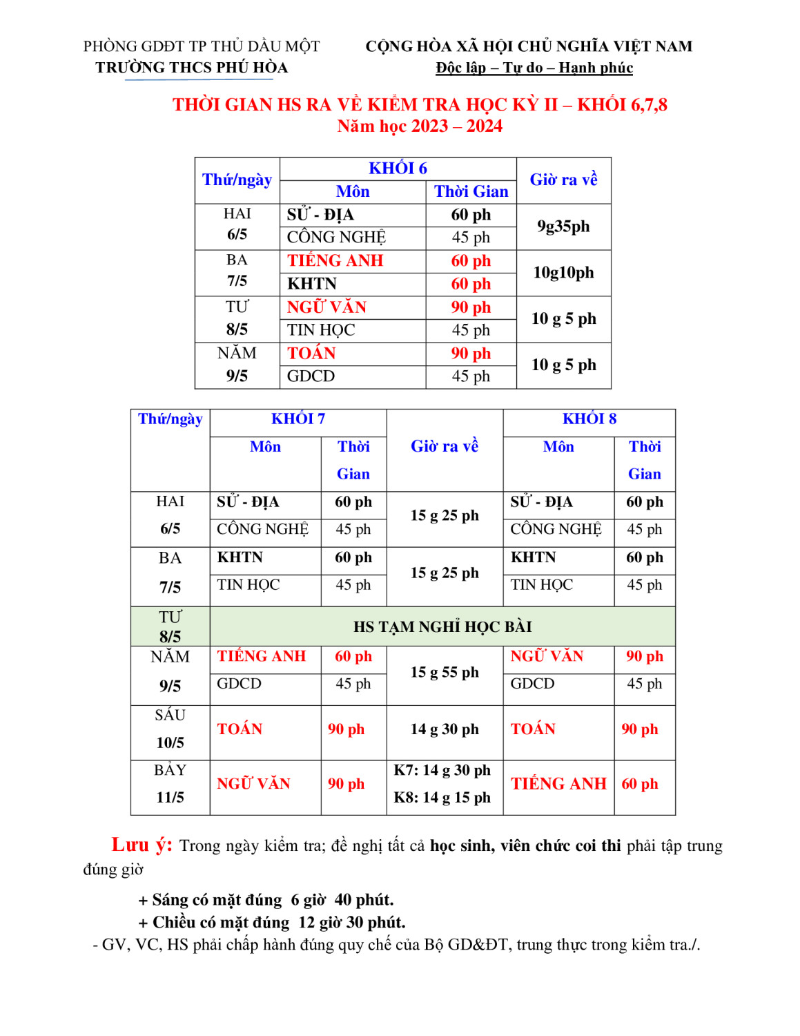 THỜI GIAN HS RA VỀ KIỂM TRA HKII KHỐI 6 7 8