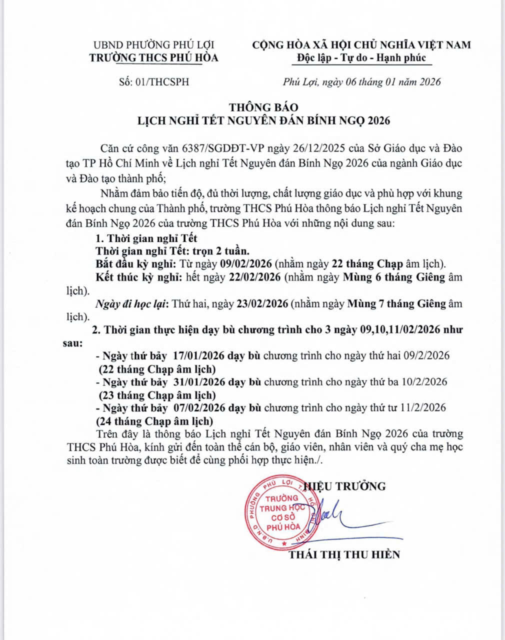 thong báo nghỉ tết