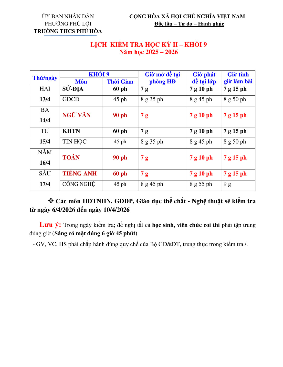 LỊCH KIỂM TRA HKII KHỐI 9