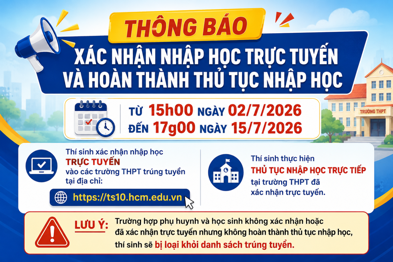 Thông báo xác nhận nhập học trực tuyến vào các trường THPT trúng tuyển và thực hiện thủ tục nhập học trực tiếp tại trường THPT đã xác nhận trực tuyến năm học 2026 – 2027