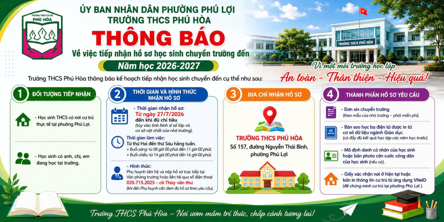 Thông báo Về việc tiếp nhận hồ sơ học sinh chuyển trường đến Năm học 2026-2027